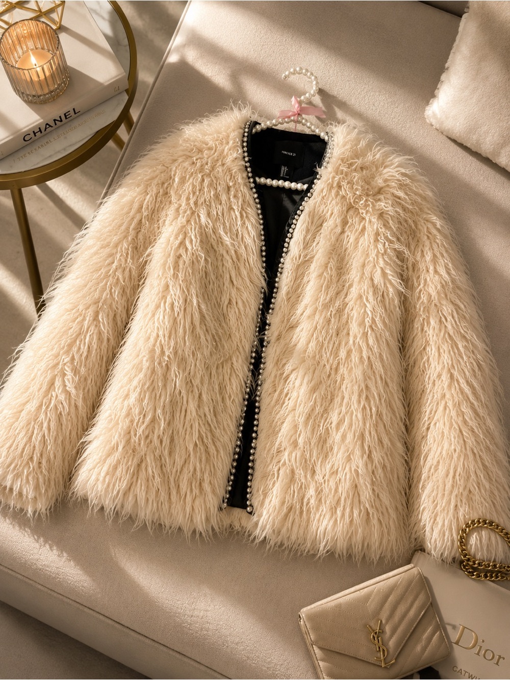 Luxurious Cream Faux-Fur Jacket with beaded Trim